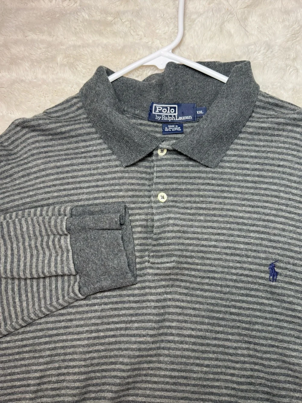 Polo Ralph Lauren Gray Striped Long-Sleeve Polo with Navy Logo